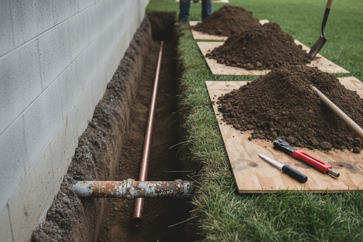 Excavated water line trench during Water Softener Installation in Berkey